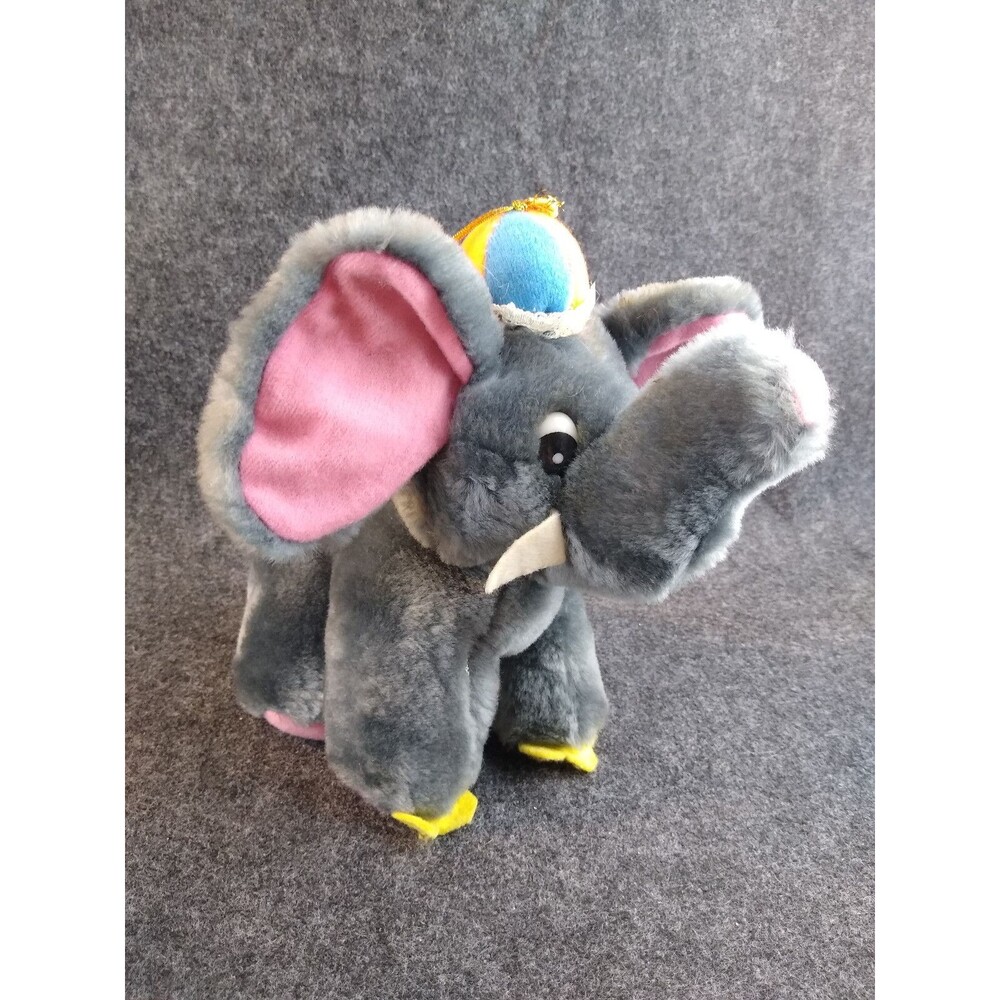 Vintage Elephant Stuffed Animal Gray Plush Felt Tusks Great Retro Hat 7 inch